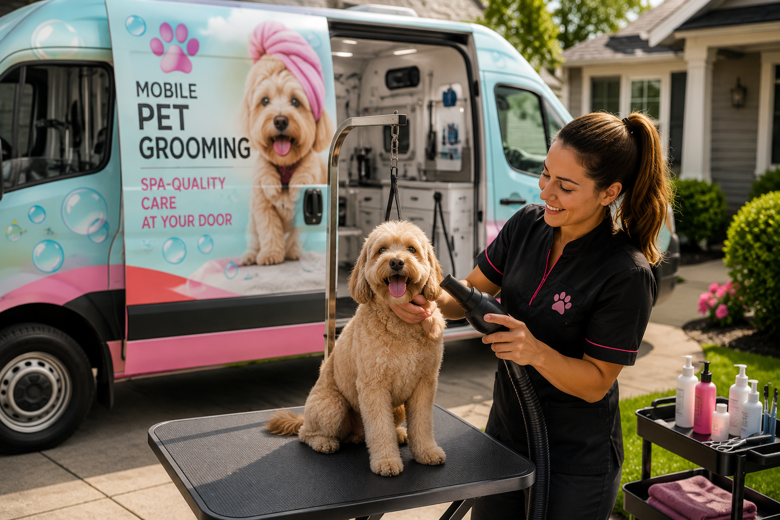 Groomer working in van